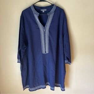 Jessica London Navy Blue Linen Blend Contrast Embroidered Tunic